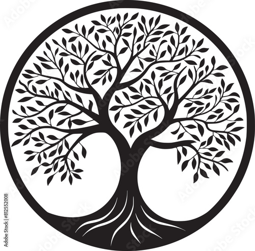 line art nature logo vector design oak tree inside circle, abstract tree logo symbol inside circle