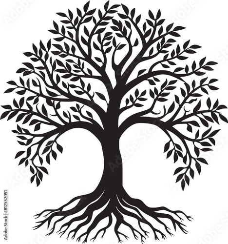 line art nature logo vector design oak tree inside circle, abstract tree logo symbol inside circle