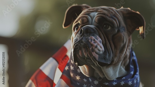 American Bulldog dressed in a shirt with the American flag in his mouth photo