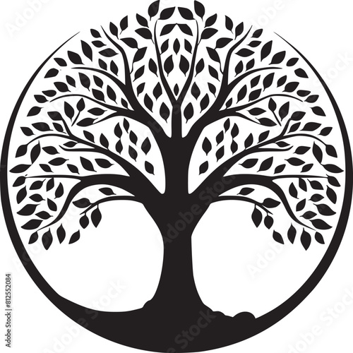 line art nature logo vector design oak tree inside circle, abstract tree logo symbol inside circle