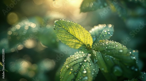  A focused shot of a green foliage leaf with droplets of water and an out-of-focus backdrop featuring the surrounding vegetation