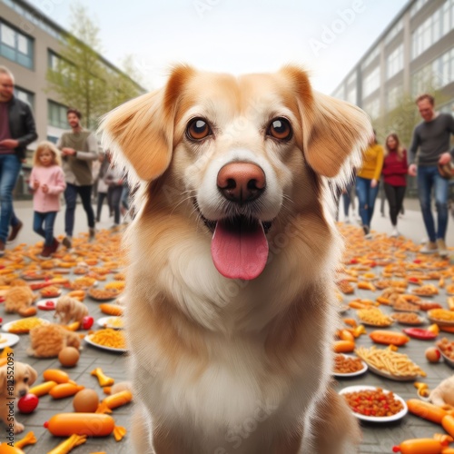 A dog standing in front of a pile of food image realistic lively illustrator.