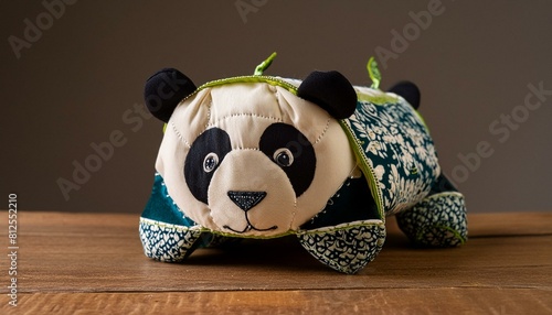 Fabric patchwork toy with visible seams baby panda bear, cartoon, kawaii style, neutral background photo