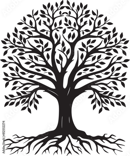 line art nature logo vector design oak tree inside circle, abstract tree logo symbol inside circle