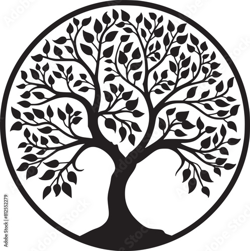line art nature logo vector design oak tree inside circle, abstract tree logo symbol inside circle