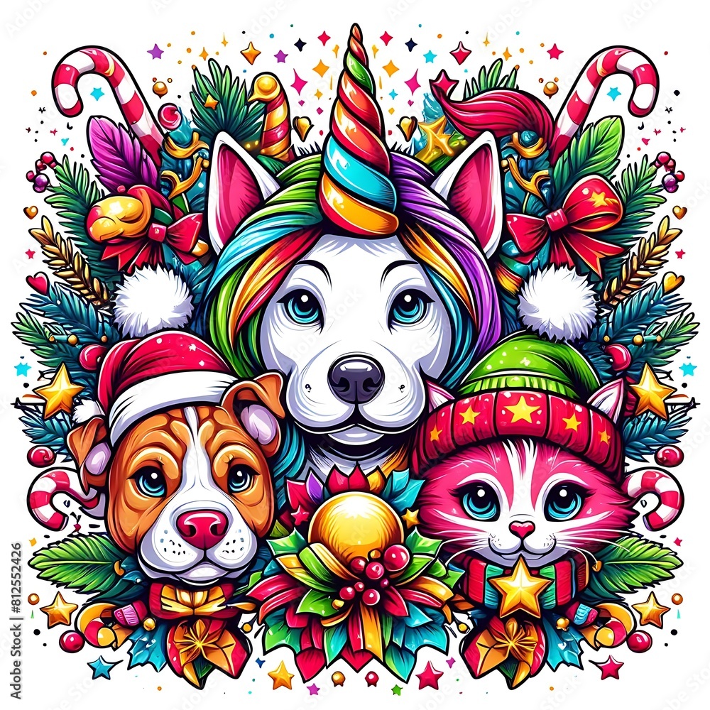 Fototapeta premium A dog unicorn and cat with christmas decorations image realistic harmony used for printing illustrator.