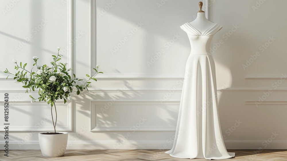White long dress mockup, lovely dress on mannequin, 3d render White long dress mockup, lovely dress on mannequin, 3d render