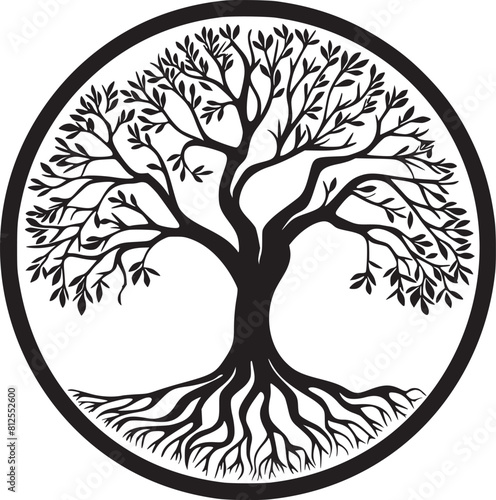 line art nature logo vector design oak tree inside circle, abstract tree logo symbol inside circle