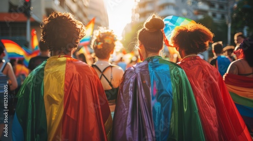 Individuals at a pride parade dressed in superhero costumes with rainbow capes, symbolizing strength and resilience in the LGBTQ community