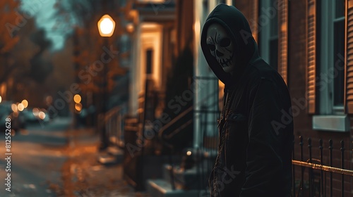 A mysterious figure veiled in a chilling Halloween mask, blending into the darkness as he prepares to unleash spooky surprises upon unsuspecting passersby.  photo
