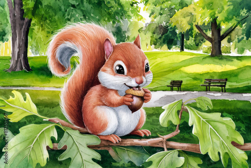 Charming watercolor of a red squirrel perched on a tree branch, nibbling on a nut. The setting is a lush park with detailed greenery and benches in the background.