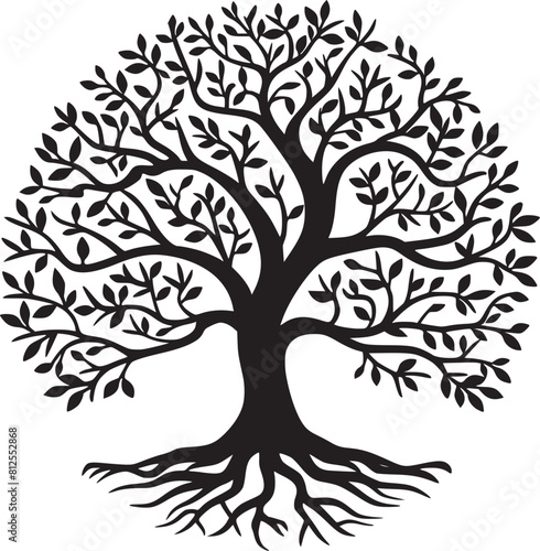 line art nature logo vector design oak tree inside circle, abstract tree logo symbol inside circle