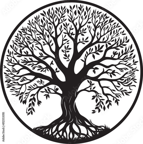 line art nature logo vector design oak tree inside circle, abstract tree logo symbol inside circle