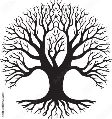 line art nature logo vector design oak tree inside circle, abstract tree logo symbol inside circle