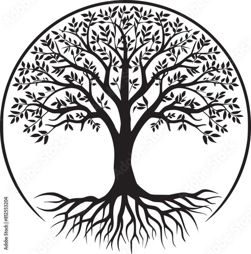 line art nature logo vector design oak tree inside circle, abstract tree logo symbol inside circle