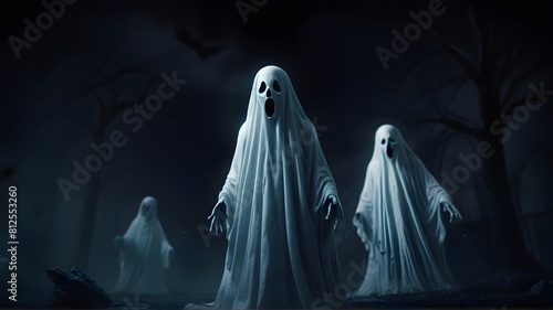 A scary ghosts, fantasy halloween character, wide angle view, cinematic look, vibrant colors