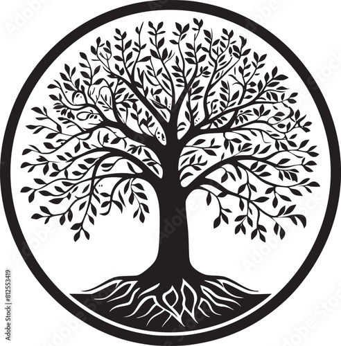 line art nature logo vector design oak tree inside circle, abstract tree logo symbol inside circle