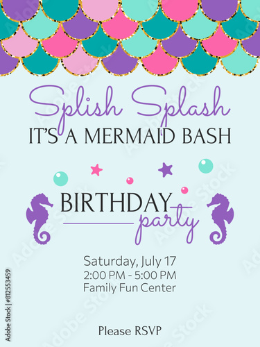 Mermaid Birthday Party Invitation with Gold Scales
