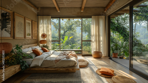 Interior design of Relaxing bedroom from tropical highland retreat in earthy tones and natural materials with natural light filters through sheer curtains