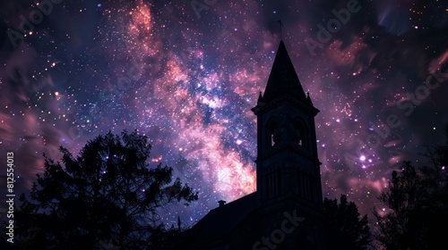 Backlit silhouette of a church bell tower against a starry night sky, inspiring awe and wonder photo