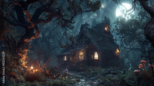 A witch's cottage hidden deep in the forest, surrounded by twisted trees and glowing mushrooms on a moonlit Halloween night. 