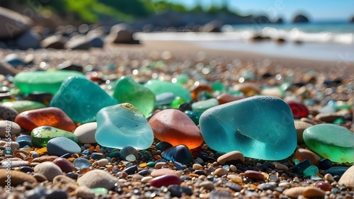 vibrant jewels on the shore. Sea glass with a grainy polish and stones near the shore. Close-up view of multicoloured sea pebbles set in sparkling green and blue glass. summer beach backdrop. 