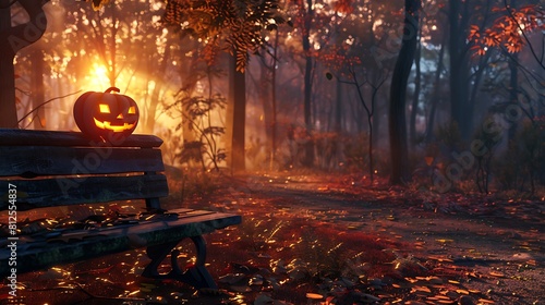 spooky forest sunnset with glowing eyes of pumpkin left on bench  photo