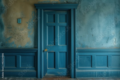 Classic blue door with distinctive vintage charm set in a wall with peeling paint  conveying age and history