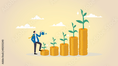 Saving growth, growing investment or earning profit, mutual fund, wealth accumulation or compound interest, pension fund prosperity concept, businessman watering growing coin stack seedling growth.