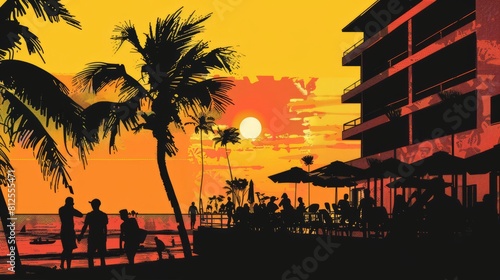 Bold silhouette of a beachfront resort bustling with holidaymakers photo