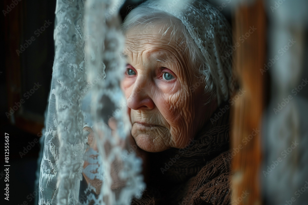 A depressed old lady feels lonely in her home. A sad elderly woman's gaze wanders out the window, and her longing for the closeness of others becomes more and more palpable.