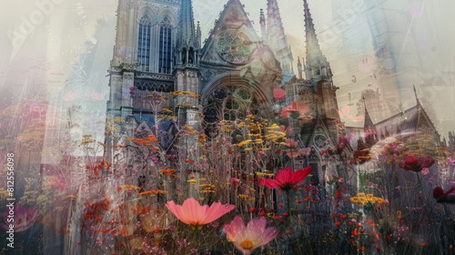 Captivating double exposure intertwining a cathedral facade with a field of vibrant wildflowers  evoking feelings of awe and reverence