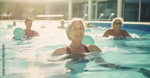A vibrant image capturing active mature women joyfully participating in an aqua gym class in a pool, showcasing a healthy and energetic retired lifestyle. Seniors engage in aqua fitness exercises © Stock Pix