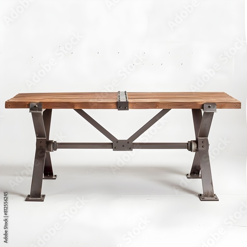 The industrial dining table with an iron base and wooden top is shown on a white background. 