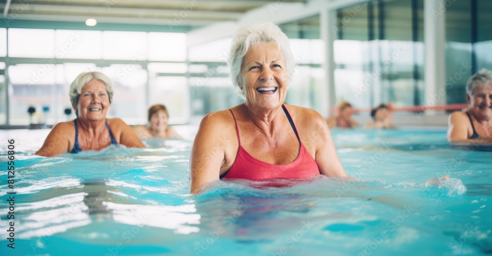 Fototapeta premium A vibrant image capturing active mature women joyfully participating in an aqua gym class in a pool, showcasing a healthy and energetic retired lifestyle. Seniors engage in aqua fitness exercises