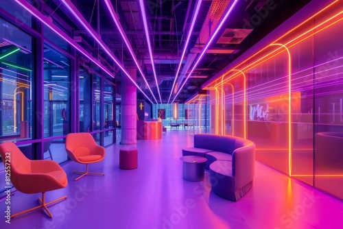 A panoramic view of a futuristic open space office with neon lights and various chairs  showcasing a modern and vibrant workspace