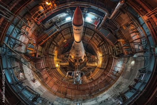 A view of a space shuttle inside a building undergoing prelaunch preparations with a team of technicians and engineers surrounding it