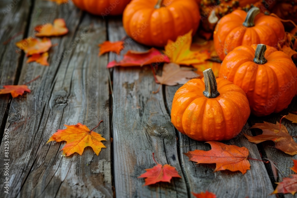 Assorted pumpkins in vibrant orange hues displayed on a rustic wooden table Assorted pumpkins in vibrant orange hues displayed on a rustic wooden table