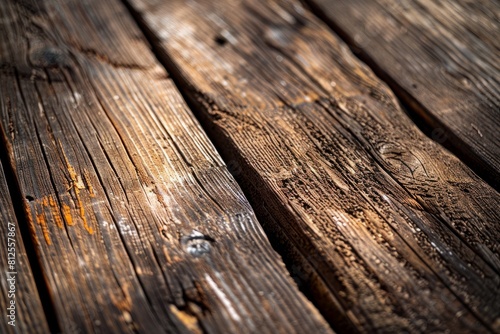 Detailed view of an old, weathered wooden plank illuminated by soft natural light