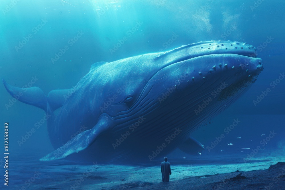 Obraz premium A surreal encounter of a person standing before a massive blue whale under the ocean