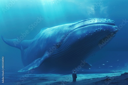 A surreal encounter of a person standing before a massive blue whale under the ocean