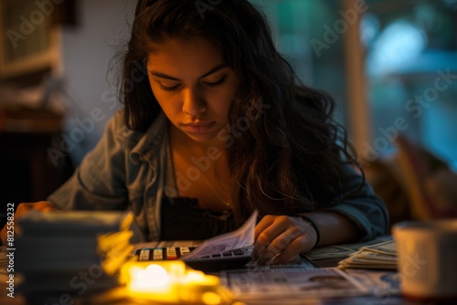 young woman reading newspaper at home in the evening, she is preparing for the exam