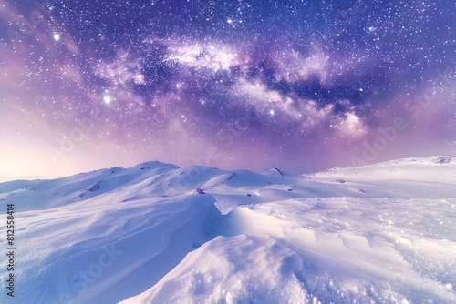 snowy hills with snow falling, stars shining in the night sky and purple galaxy sky background