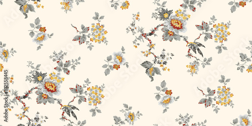 botanical art floral leaves blossom concept background rotary printing seamless pattern design illustration in red grey yellow color combination for digital home textile apparels