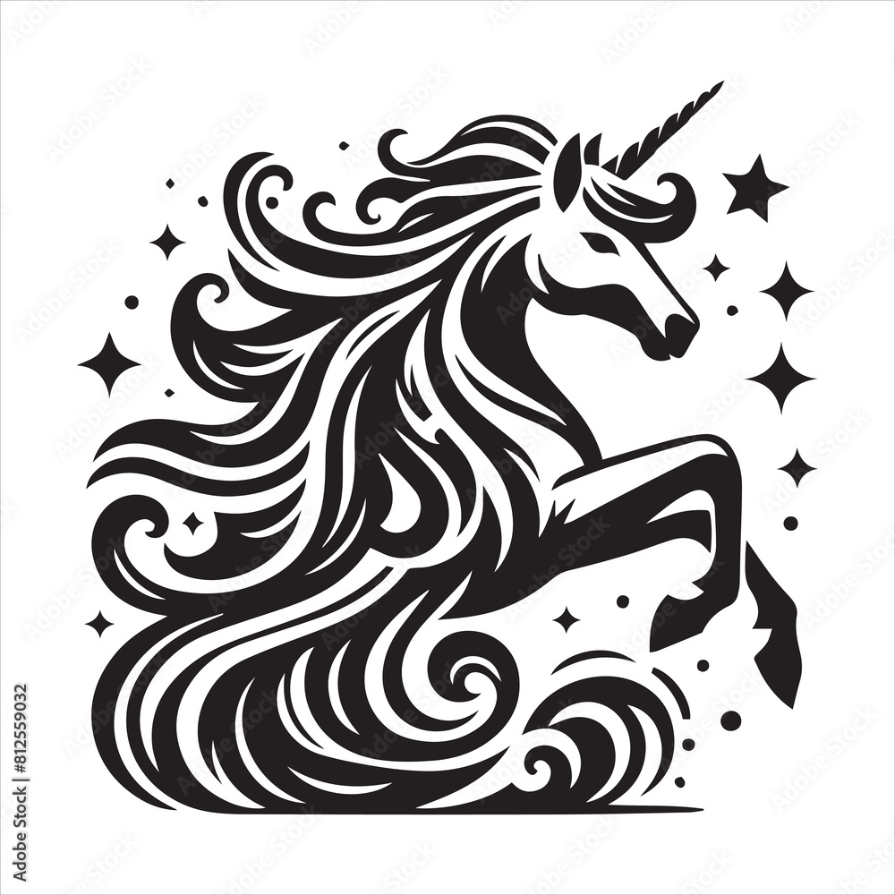 Obraz premium Unicorn head silhouette isolated on white background. Vector illustration. Unicorn silhouette simple flat design