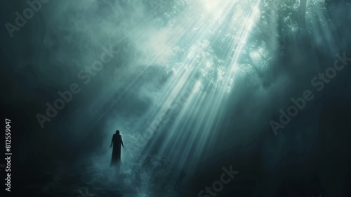 Concept of grace with a figure caught in a beam of light amidst darkness photo