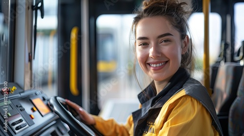 young smiling woman tram driver sitting behind the wheel