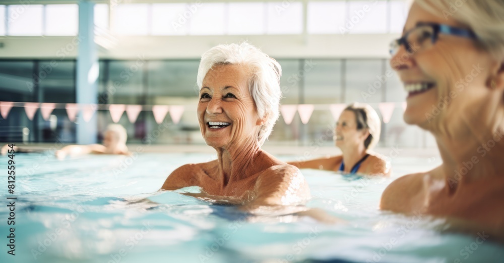 A vibrant image capturing active mature women joyfully participating in an aqua gym class in a pool, showcasing a healthy and energetic retired lifestyle. Seniors engage in aqua fitness exercises