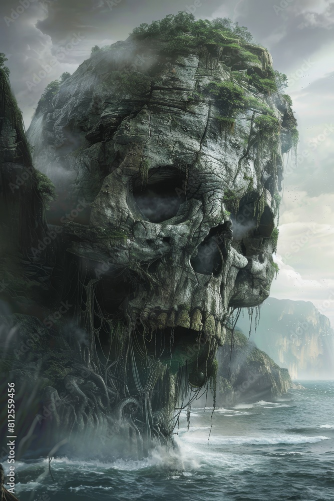 Mystic Skull Carved Rock Formation by Lake
