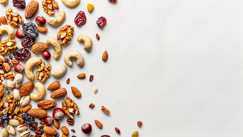 Top view of assorted nuts and dried fruits on a clean white background, Assorted Nuts and Dried Fruits Top View on White Background Top view of assorted nuts and dried fruits on a clean white background, Assorted Nuts and Dried Fruits Top View on White Background